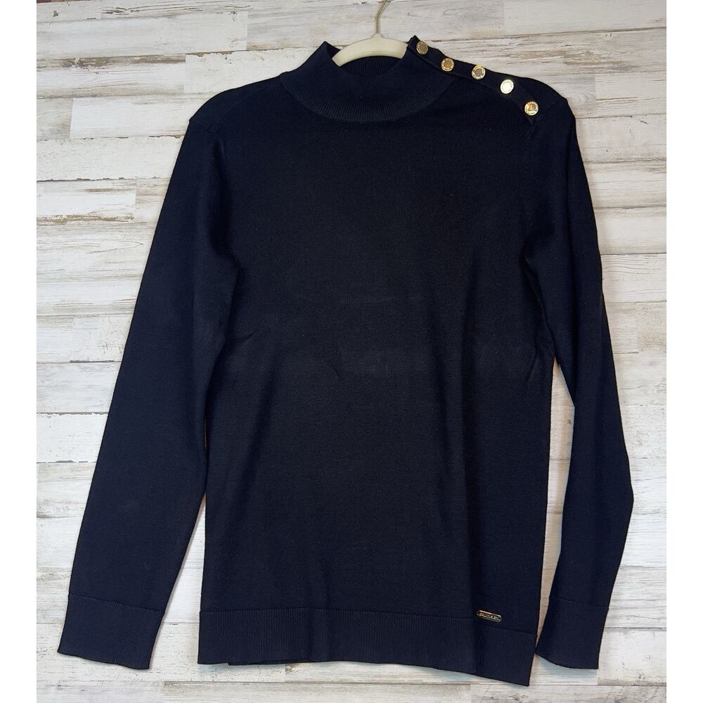 Calvin Klein Women’s Small Black Mock Neck Sweater Gold Button Shoulder Rayon